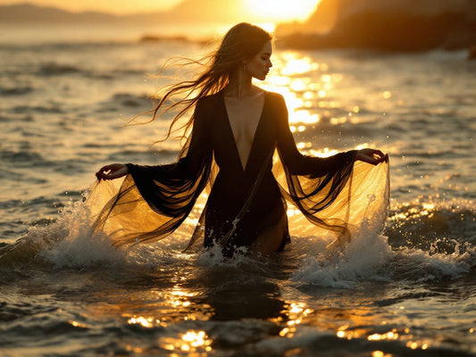 Ethereal feminine figure in flowing black, white, and gold robes emerging from Mediterranean waters at sunset. Golden light illuminates the scene, creating a transformative atmosphere that embodies Fae Fire Shop's celestial guardian Seraphina