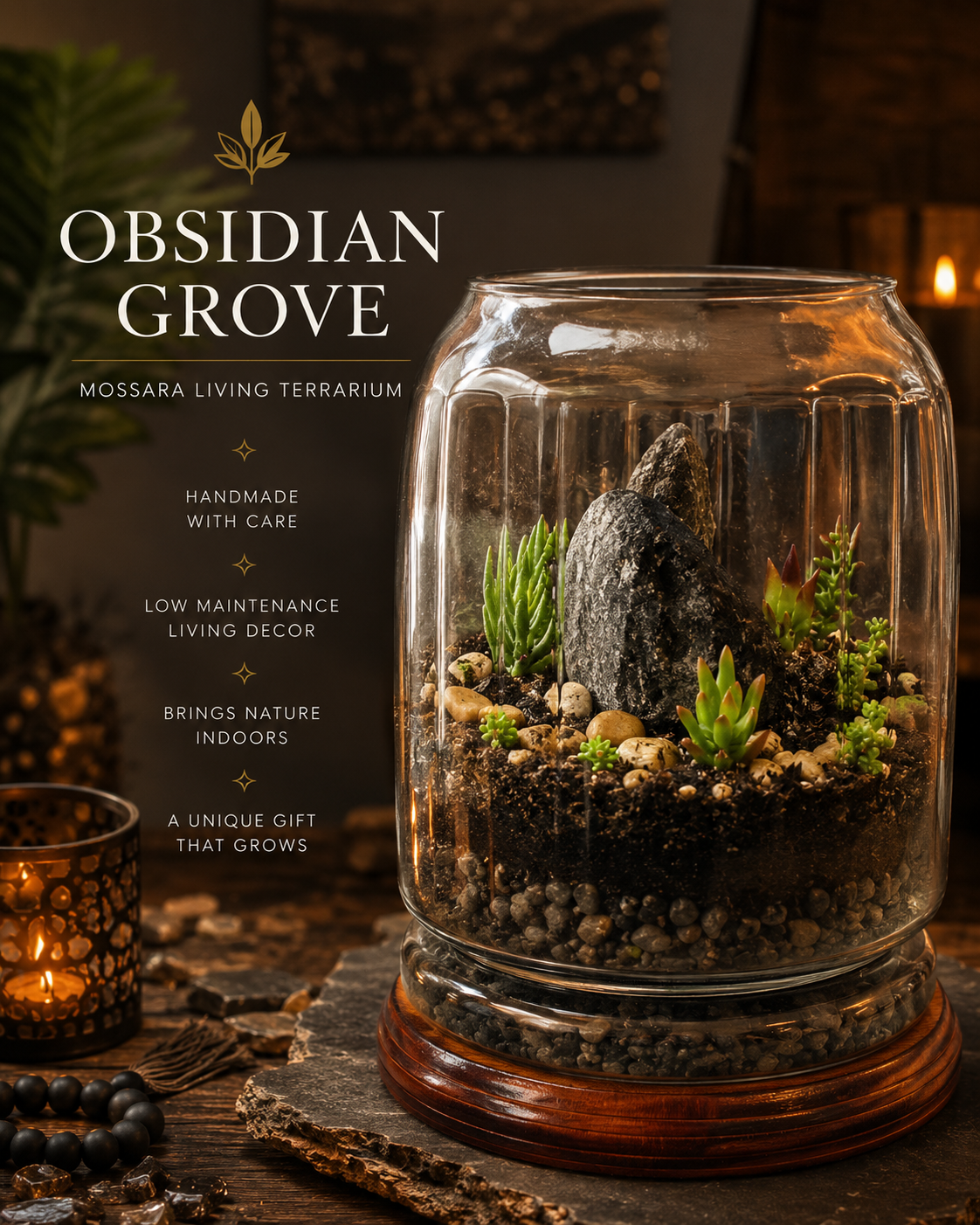 Obsidian Grove Terrarium | Handcrafted Living Succulent Decor