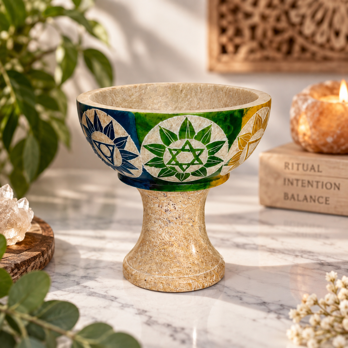 Hand-Carved Soapstone Smudge Bowl with Stand