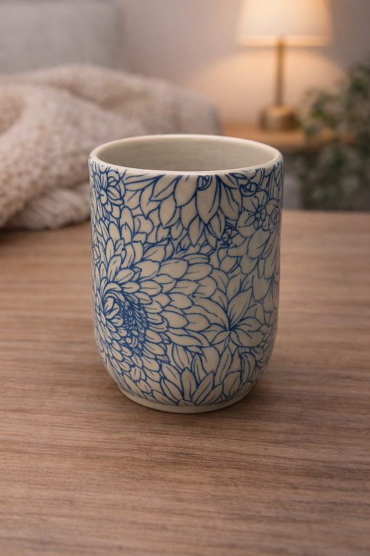Floral Blue+ White Mug | Handmade Ceramics by CS Moss