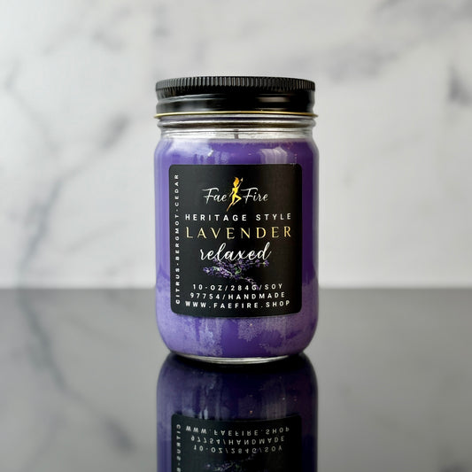 Primary Image: "Heritage Collection Lavender Relaxed purple soy candle in glass jar with black metal lid"
Lifestyle Image: "Lavender Relaxed luxury candle creating calming bedroom atmosphere for relaxation"
Detail Shot: "Detailed view of Lavender Relaxed candle showing premium purple wax and elegant label"
